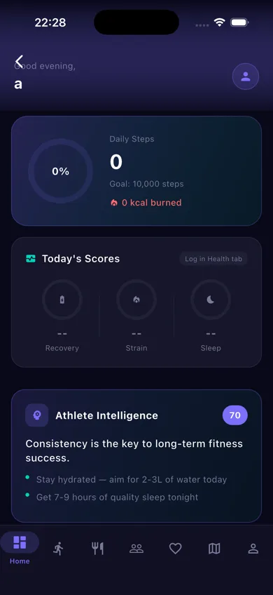 MyVitality fitness tracking app dashboard showing daily activity, recovery and nutrition