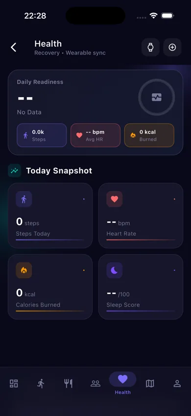 Recovery and HRV tracker screen with readiness score