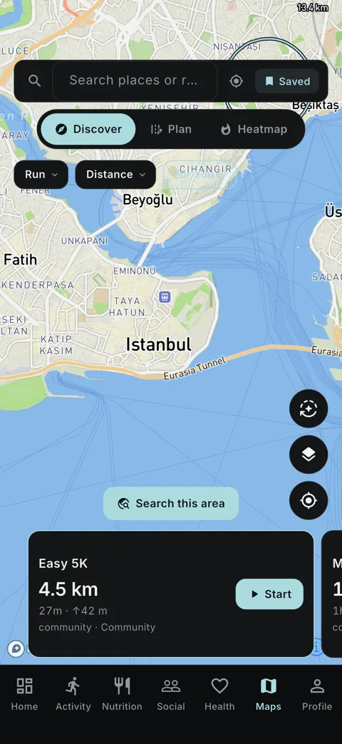 MyVitality Maps screen discovering running routes in Istanbul with Discover, Plan and Heatmap modes