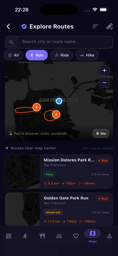 Workout tracker GPS route on a dark map